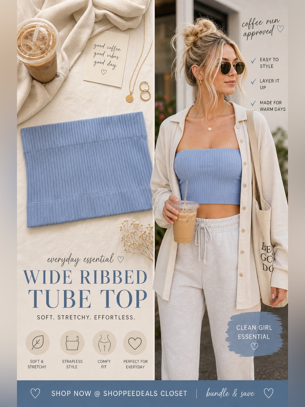 Nikibiki Wide Ribbed Tube Top Blue Stretch Strapless Top